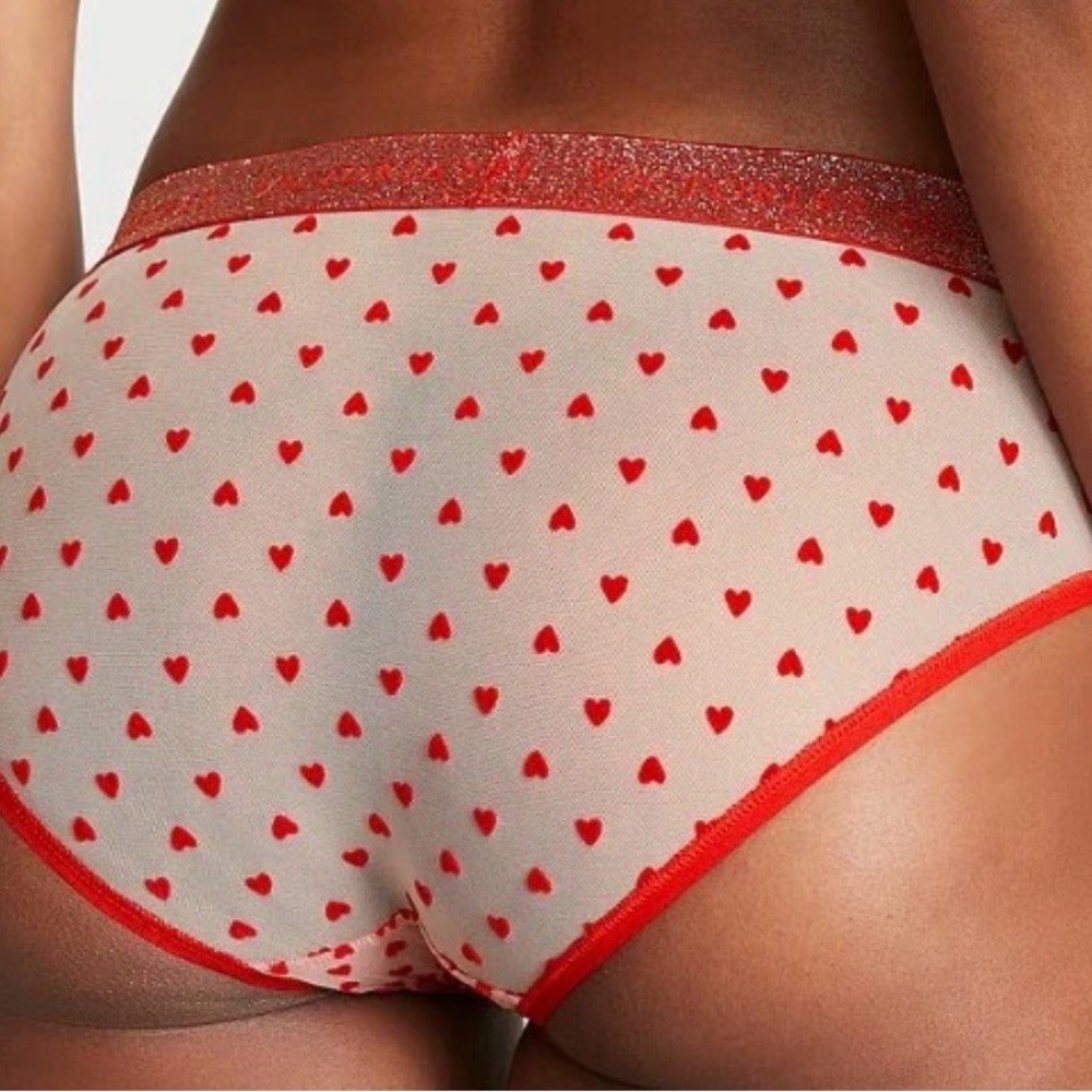Victoria’s Secret Shimmer Logo WaistBand Red Heart Sheer Back Panties VS Large L - Picture 4 of 6